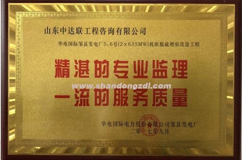 華電鄒縣發(fā)電廠項目部榮獲“精湛的專業(yè)監(jiān)理，一流的服務(wù)質(zhì)量”獎牌