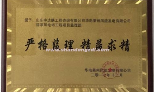 華電萊州薛家風(fēng)電場項目部榮獲“嚴(yán)格監(jiān)理，精益求精”獎牌